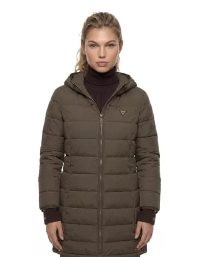 Guess Mujer Plumífero Aleta Long Puffer Jacket Marrón | 93% Poliéster 7% Elastano, capucha, manga larga, cierre de cremallera