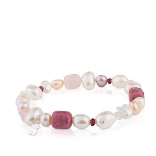 TOUS Pulsera de Perlas, Granate, Rodonita y Cuarzo para Mujer con Motivo de Oso en Plata de Primera Ley, 17,5 cm de Largo, Elegante y Clásica, Colección Pearl