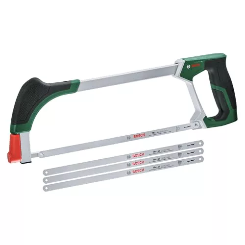 Bosch Sierra para metales 300 mm + 3 cuchillas adicionales (sierra universal con 4 hojas bimetálicas para metal/madera/plástico etc.; mecanismo de liberación fácil; mango suave) - Edición de Amazon