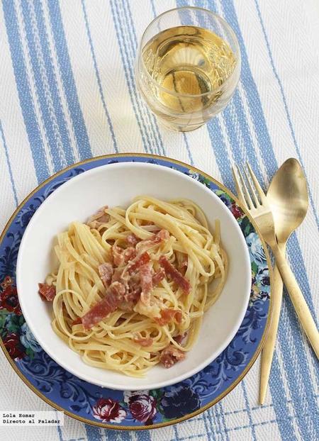 Tallarines con jamón y huevo. Receta