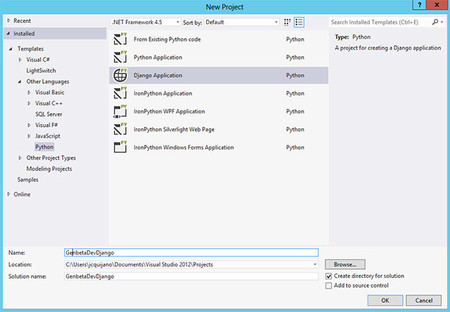 Django en Visual Studio 2012, plantilla de proyecto Django