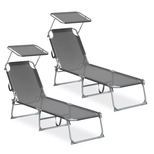 SONGMICS Tumbonas Plegables, 189 x 53 x 28,5 cm, Juego de 2 Tumbonas con parasol