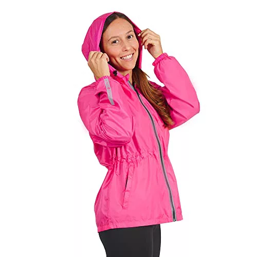 PERLETTI Chubasquero Mujer Cortaviento Ligero con Cremallera - Impermeable Mujer con Capucha Detalles Reflectantes - Chaqueta Trench Deporte Transpirable Waterproof Reutilizable Mujeres (S, Fucsia)