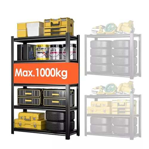 SUPEER Estantería Almacenaje para Cargas Pesadas, 183 x 90 x 40 cm, Color Negro, con 5 Estantes Ajustables,Metal Estantería para Sótano, Máximo 1000KG