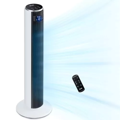 LEVOIT 20dB Ventilador de Torre con Mando a Distancia, 7.9m/s con Motor DC, 26W Ventilador Silencioso con Modo Reposo, 4 Modos y 12 Velocidades, Temporizador 12H, Pantalla LED, Oscilación 90°, Blanco