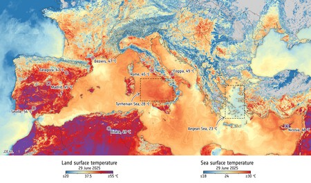 Sentinel-3 registró el 29 de junio temperaturas abrasadoras en la superficie terrestre, y también se registraron altas temperaturas en la superficie del mar en todo el Mediterráneo