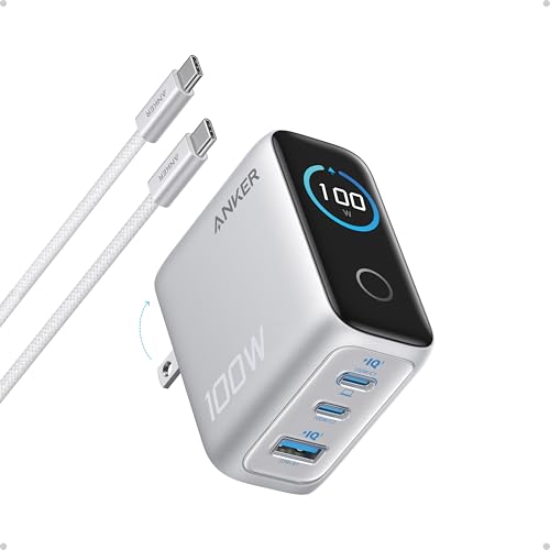 Anker 100W Cargador Tipo C GAN Ultra-Compacto 3 Puertos con Pantalla Inteligente 