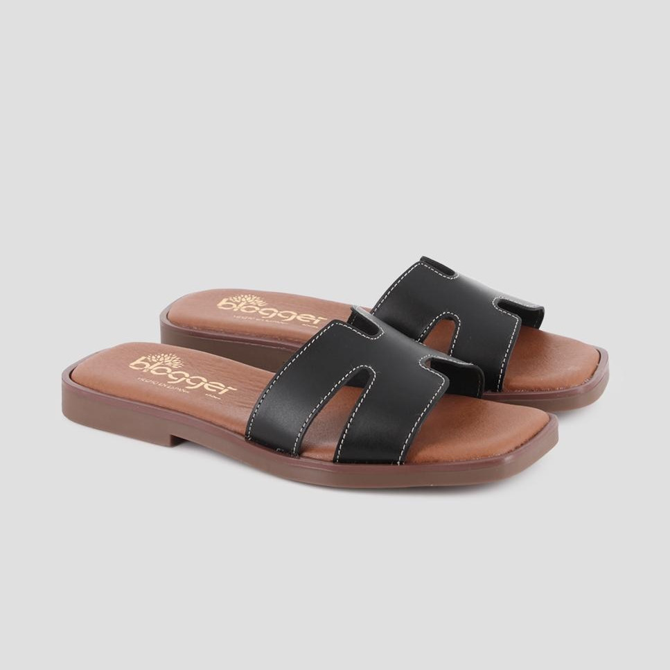 Sandalias de pala de mujer planas de piel Negro Blogger