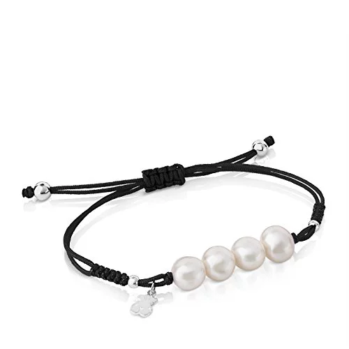 TOUS Pulsera de Cuerda Negra y Perlas para Mujer con Motivo Oso en Plata de Primera Ley, 16 cm de Largo, Original y Atrevida, Colección Pearls