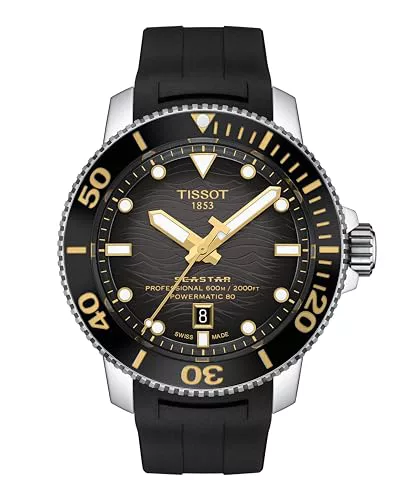 Tissot Mens Seastar 2000 Professional Powermatic 80 316L Caja de Acero Inoxidable Reloj automático, Negro, Caucho, 22 (T1206071744101) 
