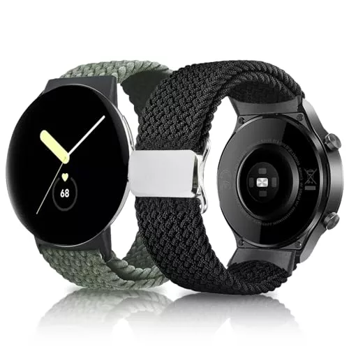 ELUTENG 2 Piezas Nylon Correa Compatible con Google Pixel Watch 3 41mm Correas/Google Pixel Watch 2 Correas, Pulsera Deportiva Elastica de Nylon con Imán de Pixel Watch para Mujer Hombre,Verde y Negro