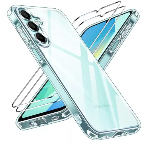 ivoler Anti-Amarillo Clara Funda para Samsung Galaxy A16 4G / A16 5G con 2 Piezas Cristal Templado, [Protección Militar] Carcasa Protectora Antigolpes Transparente Anti-Choques Bumper Case
