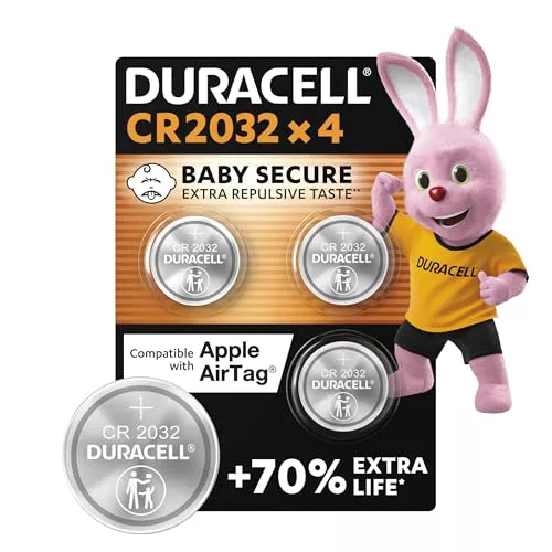 Duracell CR2032 pilas de botón de litio 3 V (paquete de 4) - Hasta un 70 % extra duración - Tecnología Baby Secure - Para Apple AirTag, llaves remotas, dispositivos domésticos, deportivos y médicos
