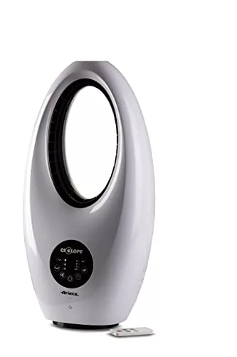 Ariete 803 - Ventilador digital cíclope, sin aspas, 60 W, de mesa, silencioso, función oscilación, temporizador hasta 7,5 h, 3 velocidades, luz LED, blanco