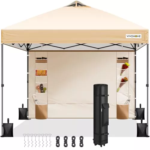 VIVOHOME Carpa Plegable 3x3m Cenador de Jardín con Pared Lateral Altura Ajustable Impermeable Anti-UV Gazebo con Ventilación para Playa 4 Bolsas de Arena con Ruedas para 8-10 Personas