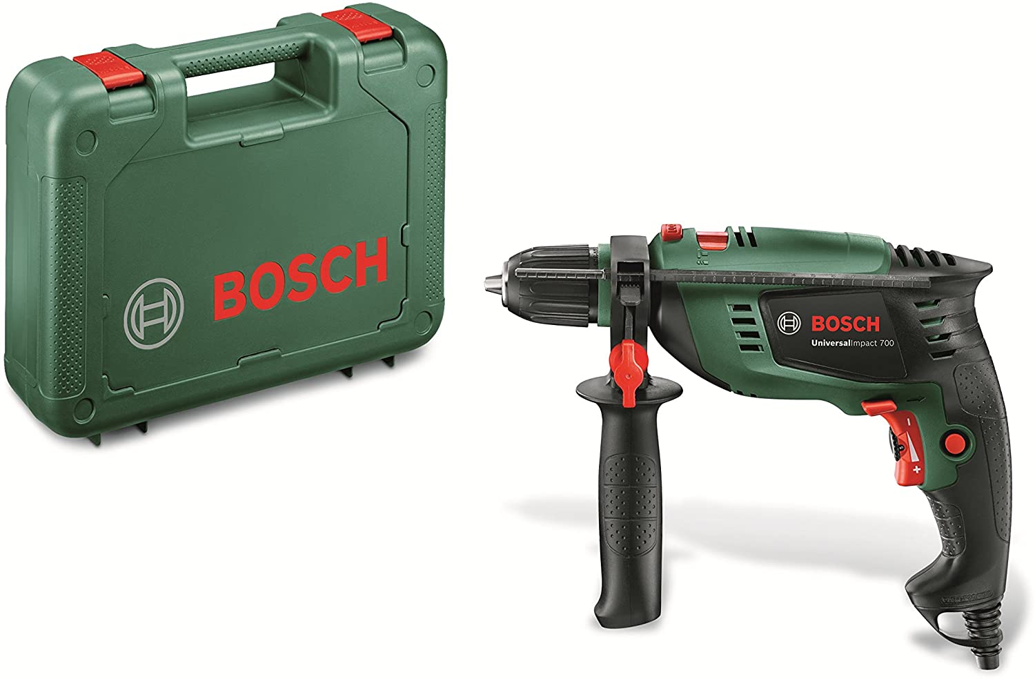 Bosch Universal Impact 700 - Taladro Percutor (700 W, Empuñadura adicional, Tope de profundidad, Maletín)