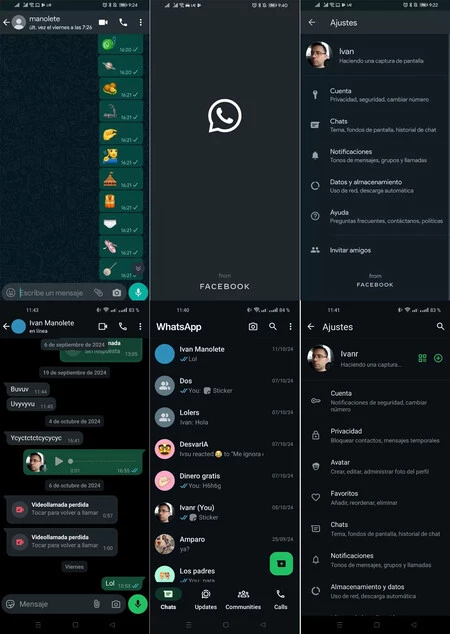 WhatsApp が最初に登場したときのダーク モード (上) と新しいダーク モード (下)。