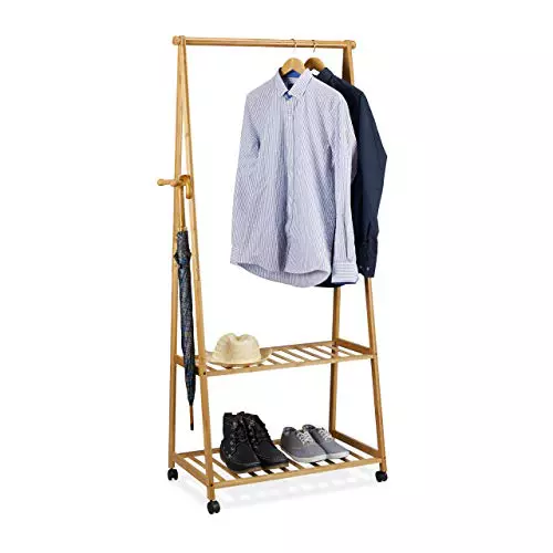 Relaxdays Perchero Ruedas, Bambú, 166 x 84 x 45 cm