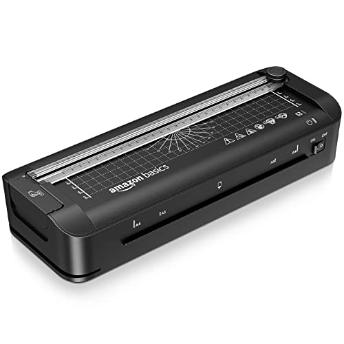 Amazon Basics Máquina de laminación térmica, 3 en 1, corta, perfora y redondea bordes, tamaño A4, 10 bolsas incluidas, enchufe de EU, Negro