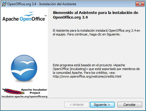 Apache OpenOffice 3.4.0, asistente de instalación