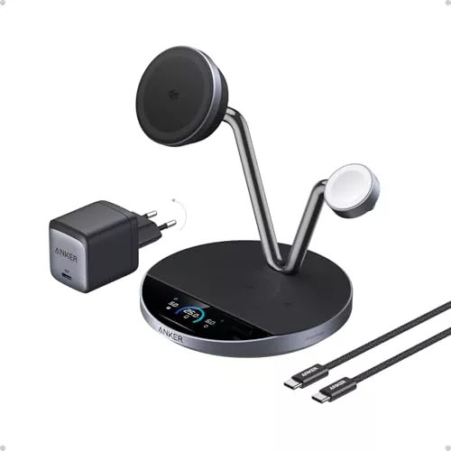 Anker Prime Cargador MagSafe Compatible, Charging Station 3 en 1, Base de Carga inalámbrica Qi2 de 25 W, Pantalla Inteligente, para iPhone 17, Apple Watch, AirPods y más.