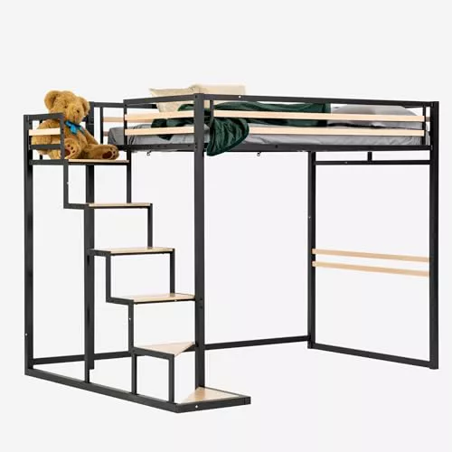 MEUBLE Cosy Cama Alta Estructura de Litera Doble 140 x 200 cm con Escalera y Somier de láminas de Madera de Ingeniería y Metal, para niños, Adolescentes y Adultos, Estilo Industrial, Roble