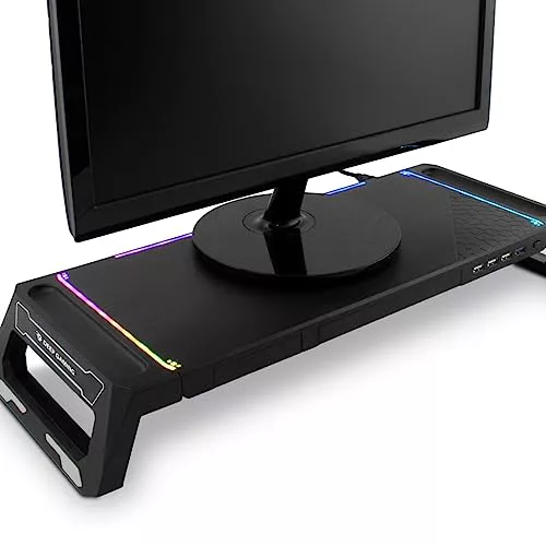 DeepGaming SN06 Soporte de Monitor para Escritorio Gaming con Cajón de Almacenamiento, Soporte para Móvil, 10 modos de Ilulimación RGB y Hub USB de 3 Puertos (1 x USB3.0 + 2 x USB2.0). Negro