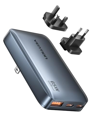 VENTION Cargador Rápido USB C 65W con Enchufes UK/US/EU, Adaptador de Viaje Internacional de 3 Puertos Ultra Delgado, Cargador GAN Compatible con MacBook, Portátil, iPhone 17/16/15/14, Galaxy S25