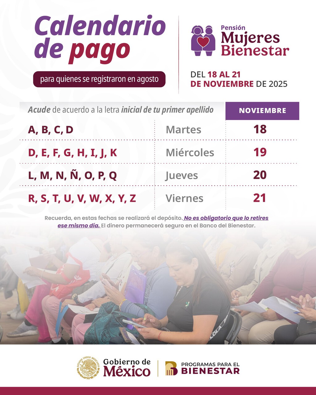 Pensión Mujeres Bienestar: fechas de pago en noviembre 2025 por letra ...