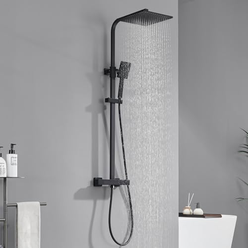 Auralum Columna Ducha Negra con Grifo Termostático de Latón
