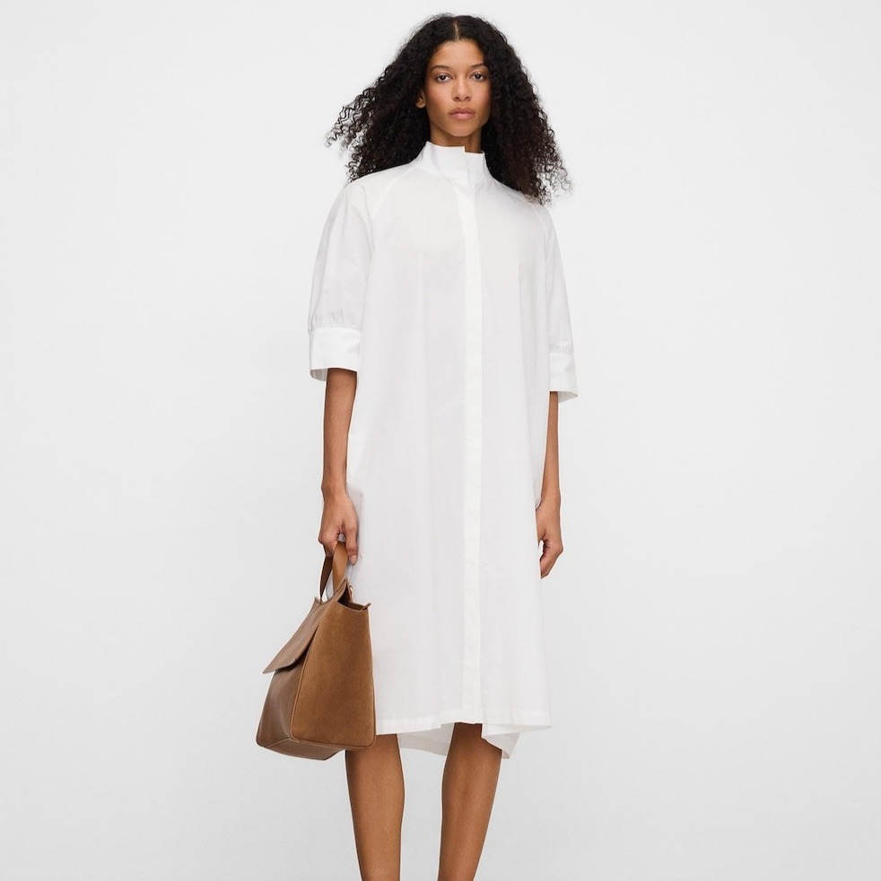 Vestido midi camisero con cuello tira Blanco Adolfo Dominguez

