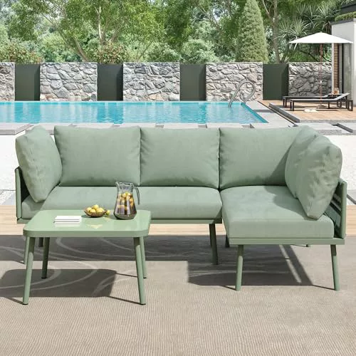 Fppuueg Conjunto de Muebles de Jardín Exterior 3 Piezas, Conjunto Mesa y Sillas Jardin con 2 Sofá de 2 Plazas con Cojines y 1 Mesa, Juego de Salón de Jardín, Conjunto Terraza Exterior, Verde