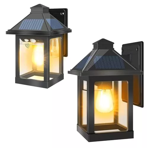 COLBOR Farolas Solares Exterior, Luces Vintage Pared al Aire Libre(2 Piezas) con 3 Modos Sensor de Movimiento Foco Decorativo Impermeable IP65 para Garaje Jardín Patio, Farola-Solar-Exterior-Foco-Luz