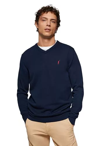 Polo Club Jersey Básico de Cuello Pico Azul Marino para Hombre - Suéter Manga Larga 100% Algodón con Logo Bordado