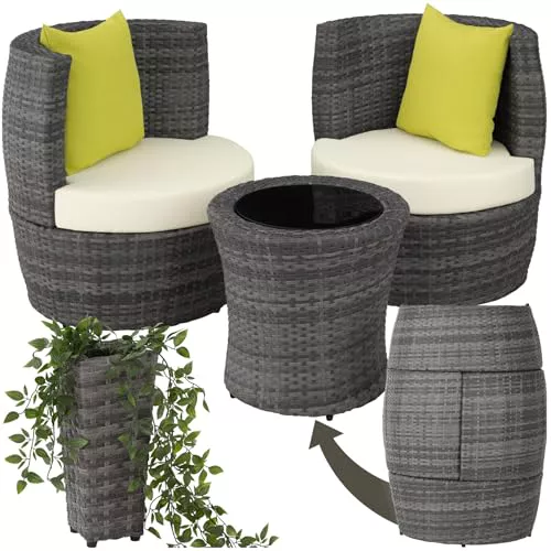 tectake® Conjunto Jardín Exterior de Ratán y Aluminio, Muebles Jardín Exterior Resistente a la Intemperie, 2 Sillas con Cojines, Mesa Cristal, Compacto, Asas en Respaldo Compacto - Gris