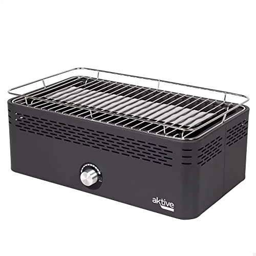 Aktive - Barbacoa Portátil a carbón recargable a pilas sin Humo Negra rectangular, Protección antigoteo, Medidas 45x28x19cm, Incluye bolsa de transporte, parrilla terraza, balcón (63004)