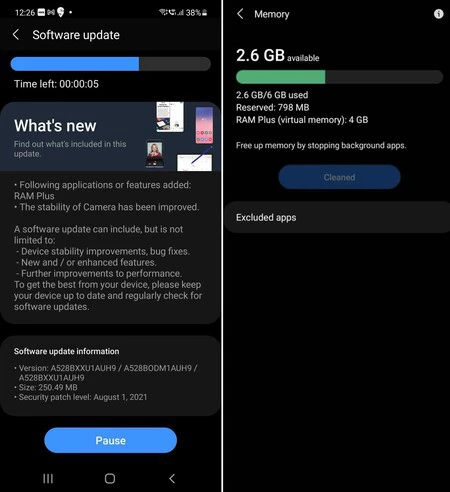 Galaxy A52s のアップデートとモバイル上の仮想 RAM の操作。 SamMobile による画像