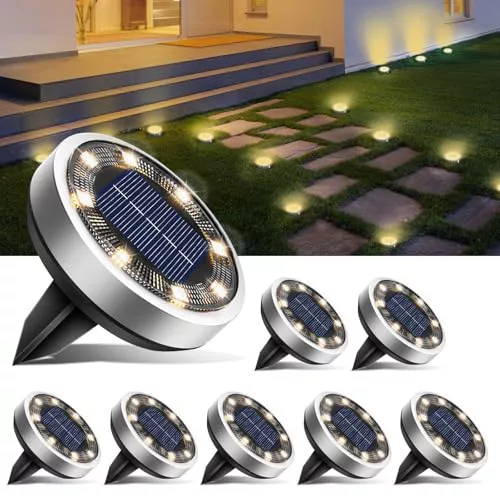 btfarm 8 Paquetes Luces Solares LED Exterior Jardin Suelo, 8 LED Luz Solar Exterior Jardin, IP65 Impermeable Lamparas Solares Suelo Camino, Césped, Patio, Terraza (Blanco Cálido)