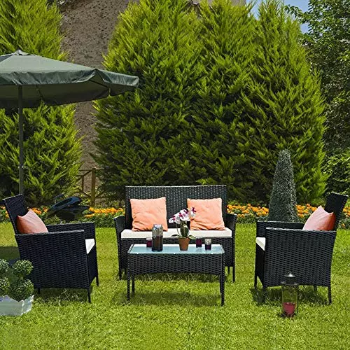bigzzia. Juego de Muebles de jardín de ratán, 4 Piezas, Muebles de Mimbre para Patio, 2 sillones, 1 sofá de Dos Lugares y 1 Mesa (Negro)