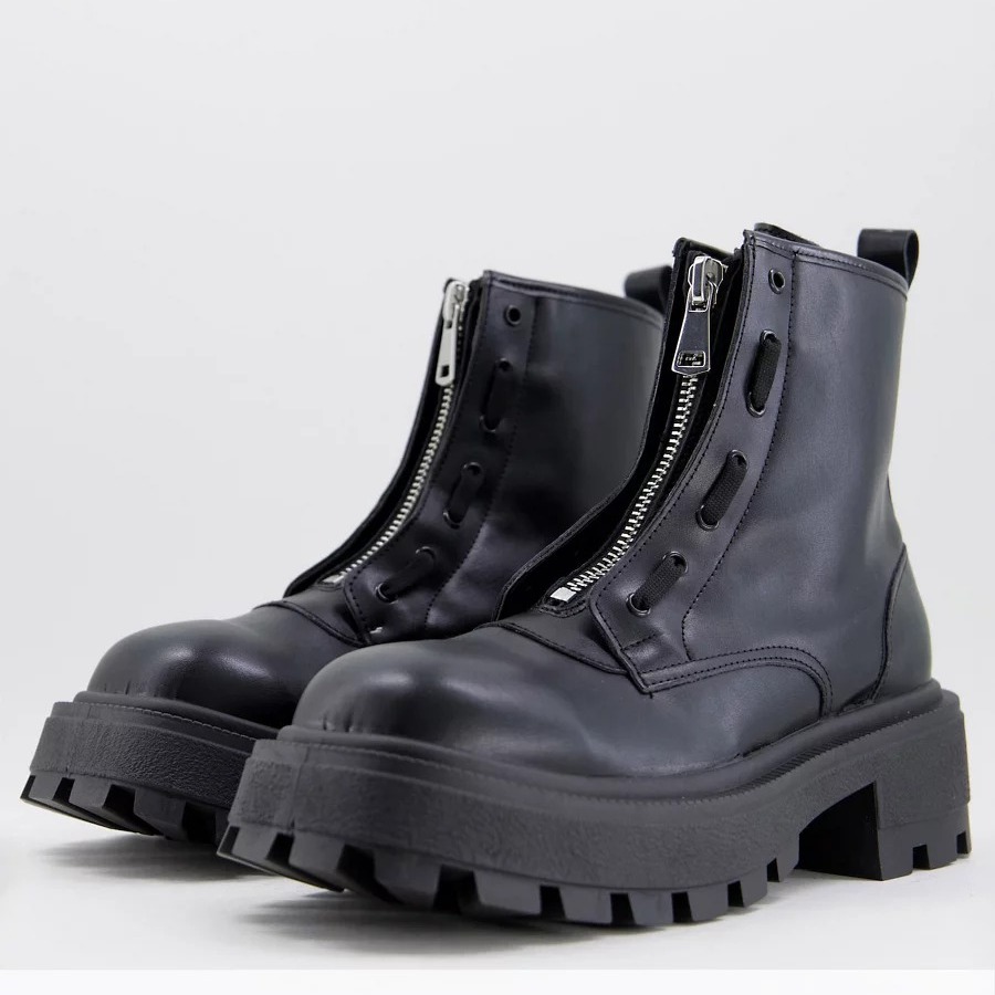 ASOS DESIGN zip front boots in black with chunky sole and contrast stitching in faux leather