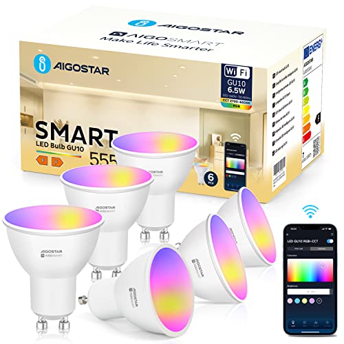 Aigostar Bombilla Alexa LED GU10 SL2 Bombillas Inteligente 6.5W Bombillas Wifi RGB & 2700K-6500K Regulable, Controladas por APP, Conexión rápida Compatible Con Google Home/Alexa, 6 pack