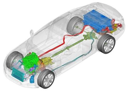Esquema del sistema híbrido del Jaguar XJ_e