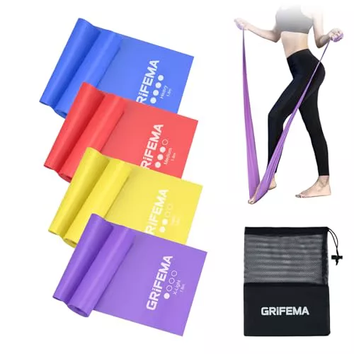GRIFEMA GA5002 Bandas Elasticas Fitness[Set de 4] 1.8M, Cintas Elasticas con 4 Niveles de Resistencia para Entrenamiento de Fuerza, Yoga, Pilates