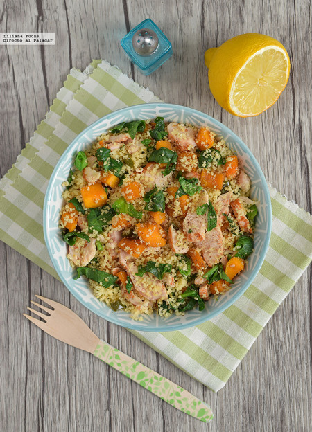 Cuscús con pollo, calabaza agridulce y espinacas. Receta de aprovechamiento
