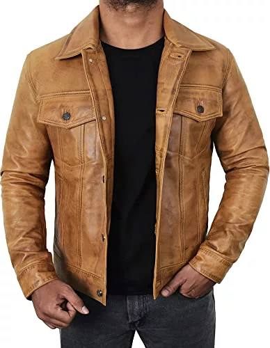 LP-FACON Chaqueta de cuero negro para hombre