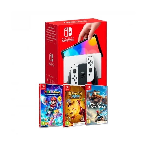 Consola Nintendo Switch OLED Blanca + Mario+Rabbids Sparks of Hope + Rayman Legends + Immortals Fenyx Rising