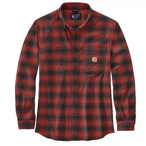 Carhartt Camisa de manga larga para hombre de franela L/S a cuadros, rojo ocre, L