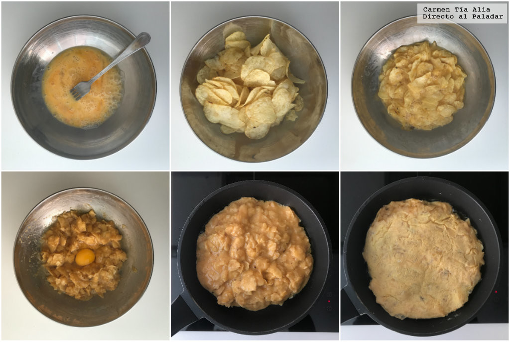 Tortilla de patatas con patatas fritas de bolsa. Receta de cocina fácil