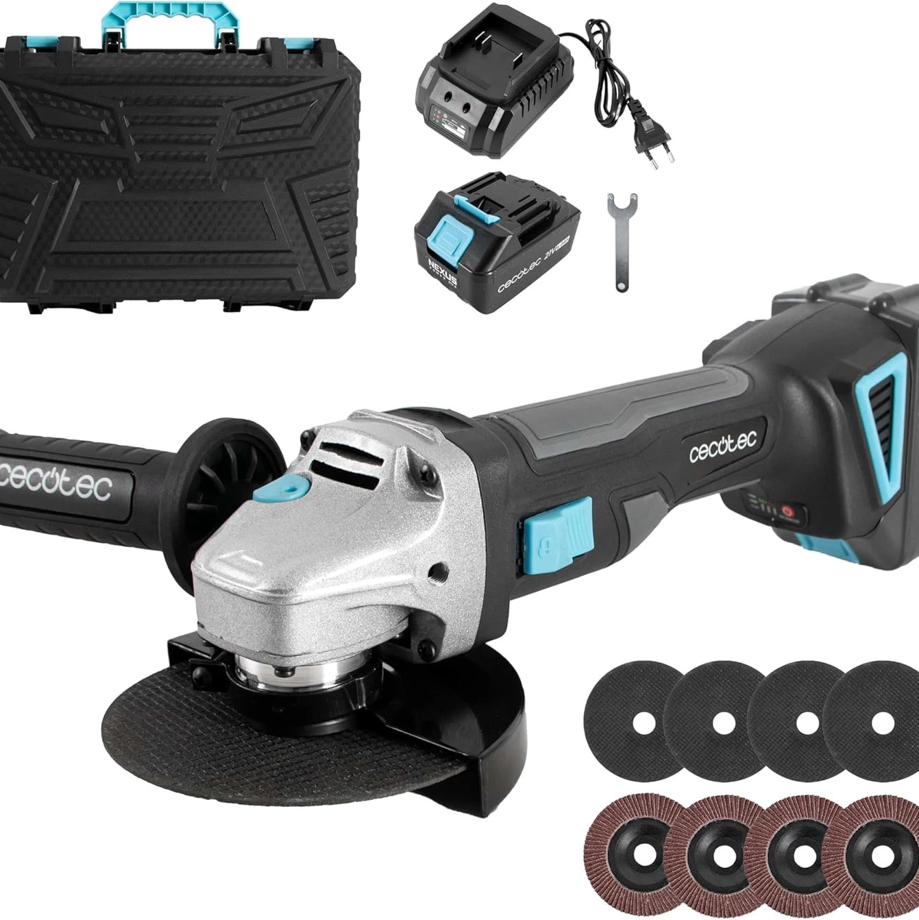 Cecotec Amoladora Angular a Batería RadialPower 2120 Freemove. Batería 21V, Motor sin Escobillas, Compatible con Discos de 125mm, Velocidad hasta 12.000rpm, Incluye 8 Discos y Maletín