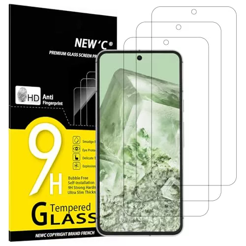 NEW'C 3 Piezas, Protector Pantalla para Google Pixel 8, Cristal templado Antiarañazos, Antihuellas, Sin Burbujas, Dureza 9H, 0.33 mm Ultra Transparente, Ultra Resistente